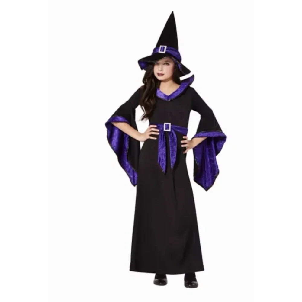 Girls Spirit Charmed Witch Costume Halloween Size small 4-6 with broom & hat